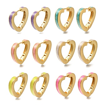 Rack Plating Hollow Heart Brass Hoop Earrings, with Enamel, Long-Lasting Plated, Lead Free & Cadmium Free, Real 18K Gold Plated, Mixed Color, 22.5x24.5x4mm