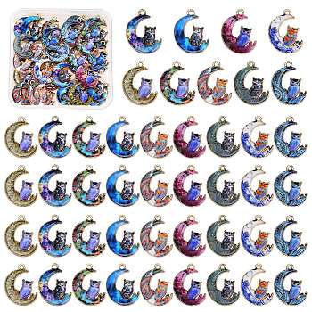 45Pcs 9 Colors Alloy Printed Pendants, Cadmium Free & Nickel Free & Lead Free, Moon With Owl, Mixed Color, 20.5x16x1.5mm, Hole: 1.5mm, 5pcs/color