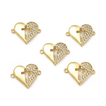 Brass Micro Pave Clear Cubic Zirconia Connector Charms, Heart Links with Cross, Real 18K Gold Plated, 20x15.5x3.5mm, Hole: 1.5mm