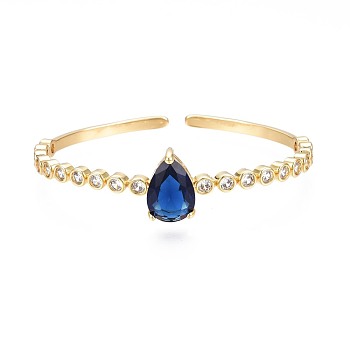 Glass Teardrop Open Cuff Bangle with Clear Cubic Zirconia for Women, Real 18K Gold Plated Brass Jewelry, Nickel Free, Dark Blue, Inner Diameter: 2-1/8 inch(5.5cm)