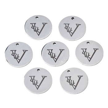 304 Stainless Steel Charms, Laser Cut, Designed Letter Engraved, Flat Round, Stainless Steel Color, Letter.V, 14x1mm, Hole: 1.2mm