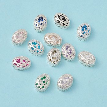 Eco-friendly Brass Micro Pave Cubic Zirconia Multi-strand Links, Rack Plating, Cadmium Free & Lead Free, Oval, Silver Color Plated, Mixed Color, 14x10x5mm, Hole: 1.2mm