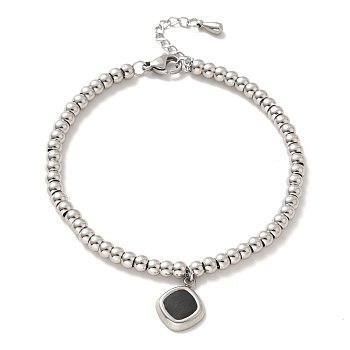 304 Stainless Steel Rhombus Charm Bracelet with Enamel, 201 Stainless Steel Round Beads Bracelet for Women, Stainless Steel Color, 8-3/4 inch(22.2cm)