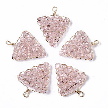 Glass Pendants, Wire Wrapped Pendants, with Real 18K Gold Plated Brass Wires, Nickel Free, Grape, Pink, 21x16x3.5mm, Hole: 2mm