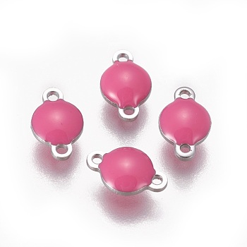 304 Stainless Steel Enamel Links connectors, Enamelled Sequins, Flat Round, Stainless Steel Color, Hot Pink, 9.5x6x3.5mm, Hole: 1.2mm