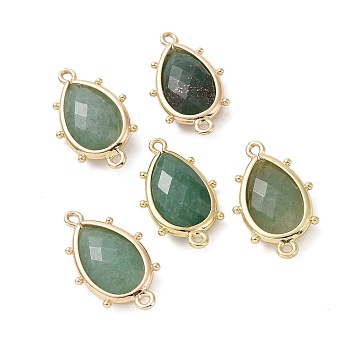 Natural Green Aventurine Connector Charms, with Golden Plated Brass Edge Loops, Faceted, Teardrop, 24x14.5x5mm, Hole: 1.2mm & 1.4mm