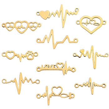 10Pcs 10 Style Stainless Steel Links Connectors, Laser Cut, for Valentine's Day, Heartbeat, Golden, 1pc/style