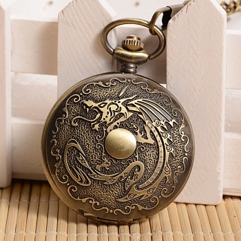 Openable Flat Round with Dragon Alloy Glass Pendant Pocket Watch, with Iron Chain, Quartz Watch, Antique Bronze, 355mm, Watch Head: 59x47x14mm