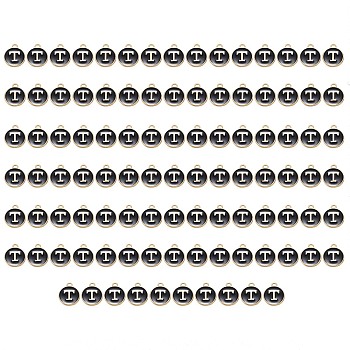 Golden Plated Enamel Alloy Charms, Enamelled Sequins, Flat Round, Black, Letter.T, 14x12x2mm, Hole: 1.5mm, 100pcs/Box