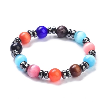 Cat Eye Beads Stretch Bracelets, with Synthetic Non-magnetic Hematite, Round, Colorful, Inner Diameter: 2-1/8 inch(5.3cm)