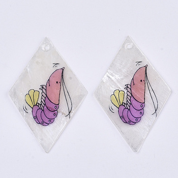 Printed Capiz Shell Pendants, Single-Sided Printed, Rhombus with Shrimp, Colorful, 48~49.5x29.5~30.5x1mm, Hole: 1.6mm