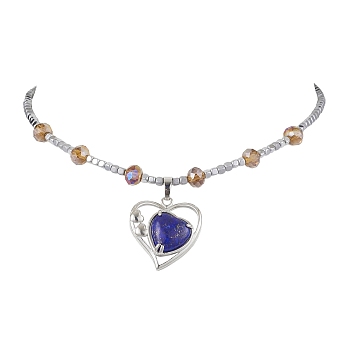 Non-magnetic Synthetic Hematite & Glass Beaded Necklaces, Natural Lapis Lazuli Brass Heart Pendant Necklaces, 15.20 inch(386mm)