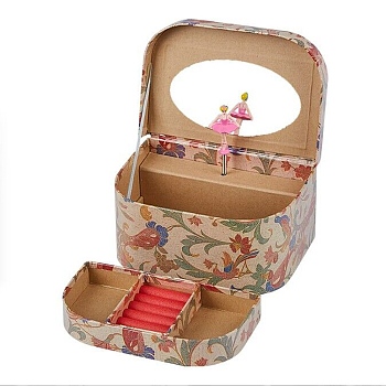 Hand Crank Musical Jewelry Cardboard Boxes, 2 Layer Storage Boxes with Pink Dancer and Mirror inside, for Girl's Gift, Rectangle with Pattern, Flower Pattern, 16.8x12.8x7.8cm