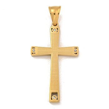 Ion Plating(IP) 304 Stainless Steel Pendants, with Crystal Rhinestones, Cross Charm, Golden, 42x24x3mm, Hole: 7.5x5mm