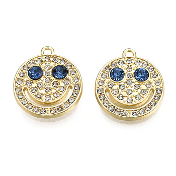 Rack Plating Alloy Pendants, with Crystal & Capri Blue Rhinestone, Cadmium Free & Nickel Free & Lead Free, Flat Round with Smiling Face, Light Gold, 19.5x17x3.5mm, Hole: 1.6mm