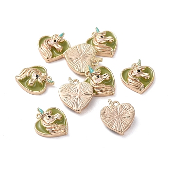 Brass Charms, with Enamel, Heart with Unicorn, Real 18K Gold Plated, Olive, 13.2x11.3x3.4mm, Hole: 1mm