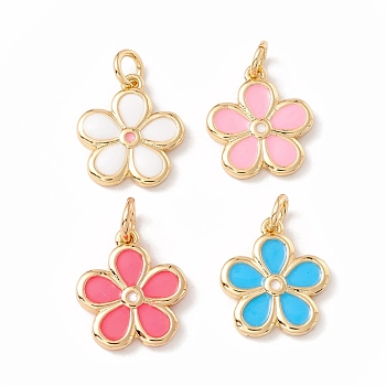 Brass Enamel Pendants, with Jump Rings, Cadmium Free & Lead Free, Long-Lasting Plated, Real 18K Gold Plated, Flower, Mixed Color, 14x12.5x2mm, Hole: 3mm