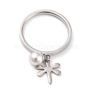Dual-use Items, 304 Stainless Steel Finger Rings or Pendants, with Plastic Round Beads, Dragonfly, White, Stainless Steel Color, US Size 7(17.3mm)(RJEW-O045-07C-P)