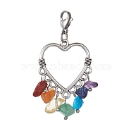 Tibetan Style Alloy Pendant Decorations, 7 Chakra Gemstone Chips and Lobster Claw Clasps Charm, Heart, 53.5mm(HJEW-JM01291-01)