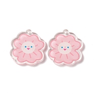 Transparent Acrylic Pendants, Flower with Smiling Face Pattern, Pink, 34.5x33x3.5mm, Hole: 2.5mm(TACR-G038-07)