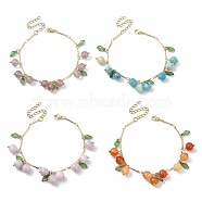 4Pcs 4 Style Natural Mixed Stone Beads & Acrylic Leaf Charm Bracelets Set, with Real 18K Gold Plated Brass Bar Link Chains, 7-3/8 inch(18.7cm), 1Pc/style(BJEW-TA00336)