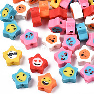 Handmade Polymer Clay Beads, Star with Expression, Mixed Color, 9~10x9.5~10x4.5mm, Hole: 1.6mm(X-CLAY-N006-47)