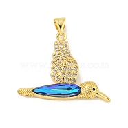 Rack Plating Brass Micro Pave Clear Cubic Zirconia Pendants, with Glass, Long-Lasting Plated, Lead Free & Cadmium Free, Brid, Real 18K Gold Plated, 30x30x4mm, Hole: 5x4mm(KK-K341-55G)