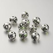 K9 Glass Beads, Covered with Brass, Round with Heart Pattern, 925 Sterling Silver Plated, Lawn Green, 10.2x9.2mm, Hole: 1.5mm(GLAA-G067-09S-04)