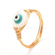 Flat Round Evil Eye Natural Shell Finger Rings for Girl Women, Golden Brass Rings, White, US Size 7 1/4(17.5mm)(RJEW-JR00394-03)