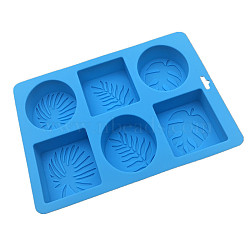 6 Cavities Silicone Molds, for Handmade Soap Making, Rectangle with Leaf, Deep Sky Blue, 205x170x28mm, Inner Diameter: 70x60mm(PW-WG57731-02)