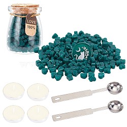CRASPIRE Sealing Wax Particles Kits for Retro Seal Stamp, with Stainless Steel Spoon, Candle, Glass Jar, Teal, 7.3x8.6x5mm, about 110~120pcs/bag, 2 bags(DIY-CP0003-60P)