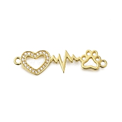 Rack Plating Brass Clear Cubic Zirconia Hollow Connector Charms, Heart & Paw Print Links, Long-Lasting Plated, Cadmium Free & Lead Free, Real 18K Gold Plated, 9x33x2mm, Hole: 1.2mm(KK-M079-08G)