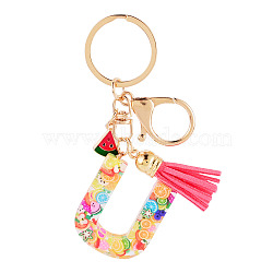 Fruit Series Letter Resin Keychains, with Alloy Lobster Claw Clasps, Golden, Letter U, 100mm(KEYC-TAC0033-02U)