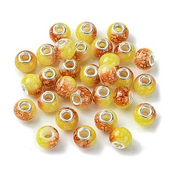 Two Tone Glass European Beads, Large Hole Beads, with Silver Tone Brass Double Cores, Rondelle, Gold, 15x11mm, Hole: 5mm(GPDL-K003-01B)