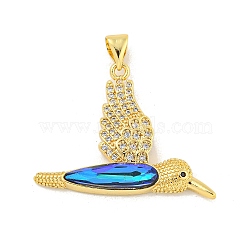 Rack Plating Brass Micro Pave Clear Cubic Zirconia Pendants, with Glass, Long-Lasting Plated, Lead Free & Cadmium Free, Brid, Real 18K Gold Plated, 30x30x4mm, Hole: 5x4mm(KK-K341-55G)