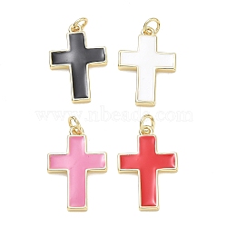 Rack Plating Brass Pendants, with Enamel, Cross Charms, Cadmium Free & Lead Free, Long-Lasting Plated, Real 18K Gold Plated, Mixed Color, 23x15x2mm, Hole: 3.5mm(KK-CBAB1AF-18-G)