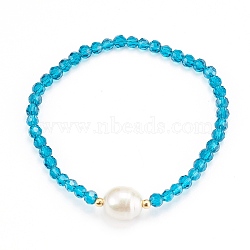 Faceted Round Glass Beaded Stretch Bracelets, with Acrylic Beads and 304 Stainless Steel Beads, Deep Sky Blue, Inner Diameter: 2-1/8 inch(5.5cm)(BJEW-JB05986-02)