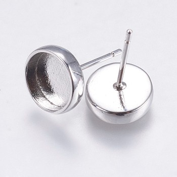 Brass Stud Earring Settings, Flat Round, Platinum, Tray: 8mm, 14.5x9.5mm, Pin: 0.8mm