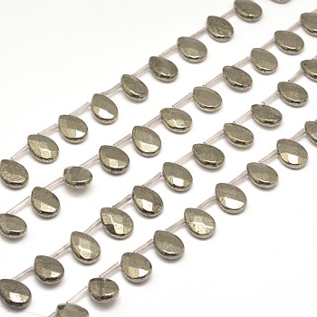 Teardrop Natural Pyrite Beads Strands, Top Drilled Beads, Faceted, 14x10x6mm, Hole: 1mm, about 26pcs/strand, 15.7 inch