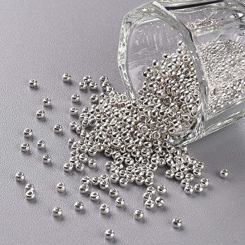 11/0 Grade A Dyed Glass Seed Beads, Round, Silver, 2.3x1.5mm, Hole: 1mm, about 5300pcs/50g