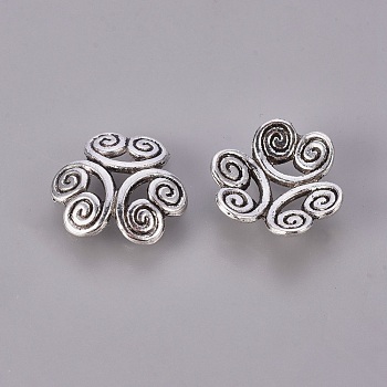 Tibetan Style Alloy Bead Caps, Lead Free, Cadmium Free and Nickel Free, Flower, Antique Silver, about 13mm diameter, 3.5mm thick, hole: 2mm