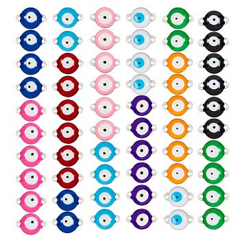 304 Stainless Steel Links Connectors, with Enamel, Flat Round with Evil Eye, Mixed Color, 14.5x10x4.5mm, Hole: 1.4mm, 10 colors, 6pcs/coor, 60pcs/box