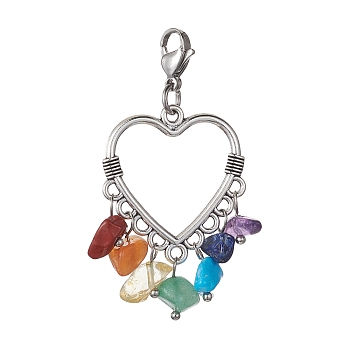 Tibetan Style Alloy Pendant Decorations, 7 Chakra Gemstone Chips and Lobster Claw Clasps Charm, Heart, 53.5mm