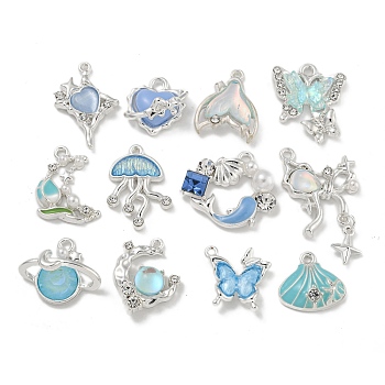 Alloy Rhinestone & Enamel Pendants, with ABS Imitation Pearls and Resin, Lead Free & Cadmium Free, Silver, Ocean Animals Charm, Deep Sky Blue, 13~32x13.5~20.5x3~8mm, Hole: 1~2mm, 24pcs/set