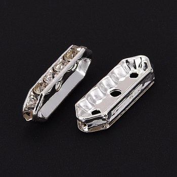 Brass with Grade A Rhinestone Bridge Spacers, Hexagon, Silver Color Plated, 21x7x4mm, Hole: 1mm