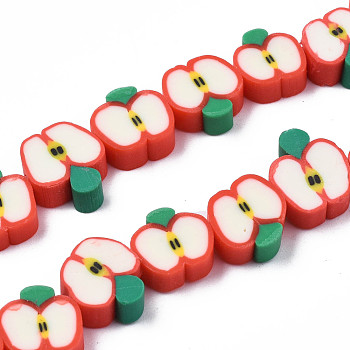 Handmade Polymer Clay Bead Strands, Apple Slice, Red, 6~12x7~11x4~4.5mm, Hole: 1.6mm, about 38~40pcs/strand, 12.99 inch~15.55 inch(33~38.5cm)