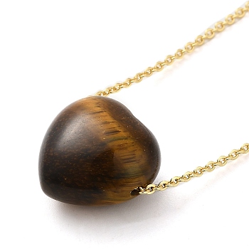 Natural Tiger Eye Heart Pendant Necklace with Golden Alloy Cable Chains, 23.82 inch(60.5cm)