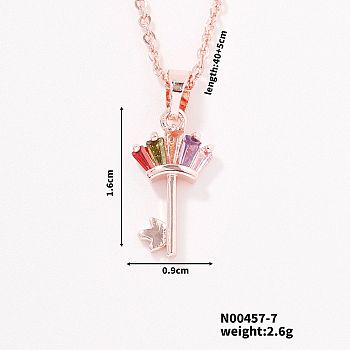 Unique and Cute European American Style Key Brass Cubic Zirconia Pendant Necklaces, with Cable Chain for Women Girl, Colorful, 15.75 inch(40cm)+5cm