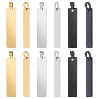 12Pcs 3 Colors 304 Stainless Steel Pendants, Stamping Blank Tag, Rectangle, Mixed Color, 41x10x1.4mm, Hole: 6mm, 4pcs/color