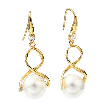 Plastic Pearl Infinity Dangle Earrings with Cubic Zirconia, Rack Plating Brass Long Drop Earrings for Women, Lead Free & Cadmium Free, Real 18K Gold Plated, 50x18mm